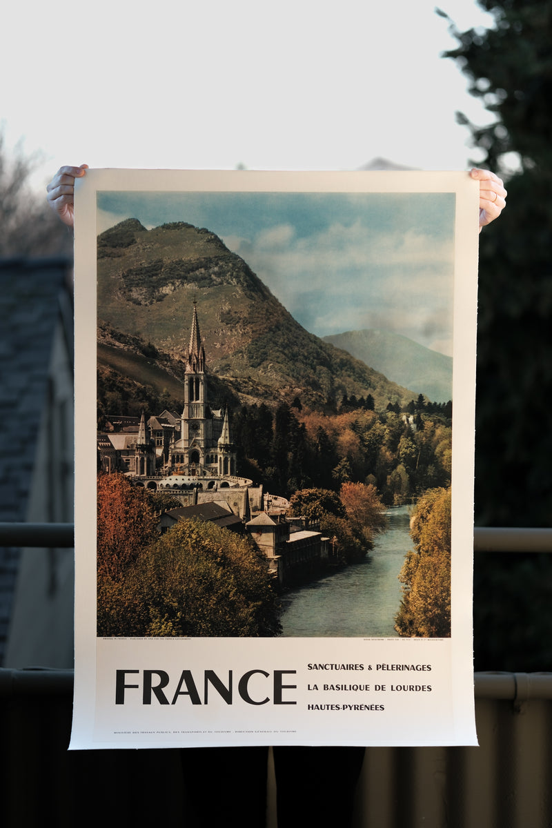 A beautiful, colorful photographic travel poster showing the Hautes-Pyrénées region of France.