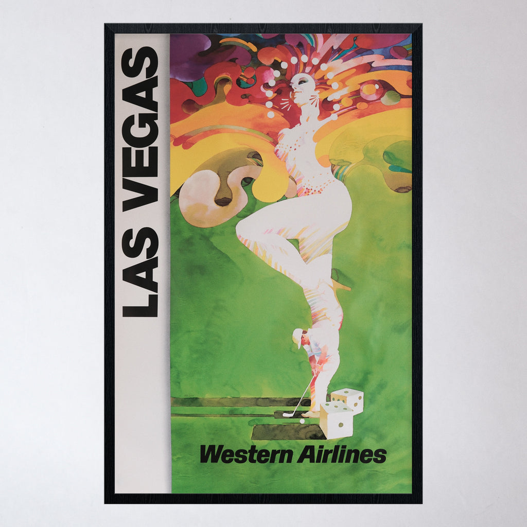 Vintage Western Airlines Las Veags Poster with a showgirl and golfer
