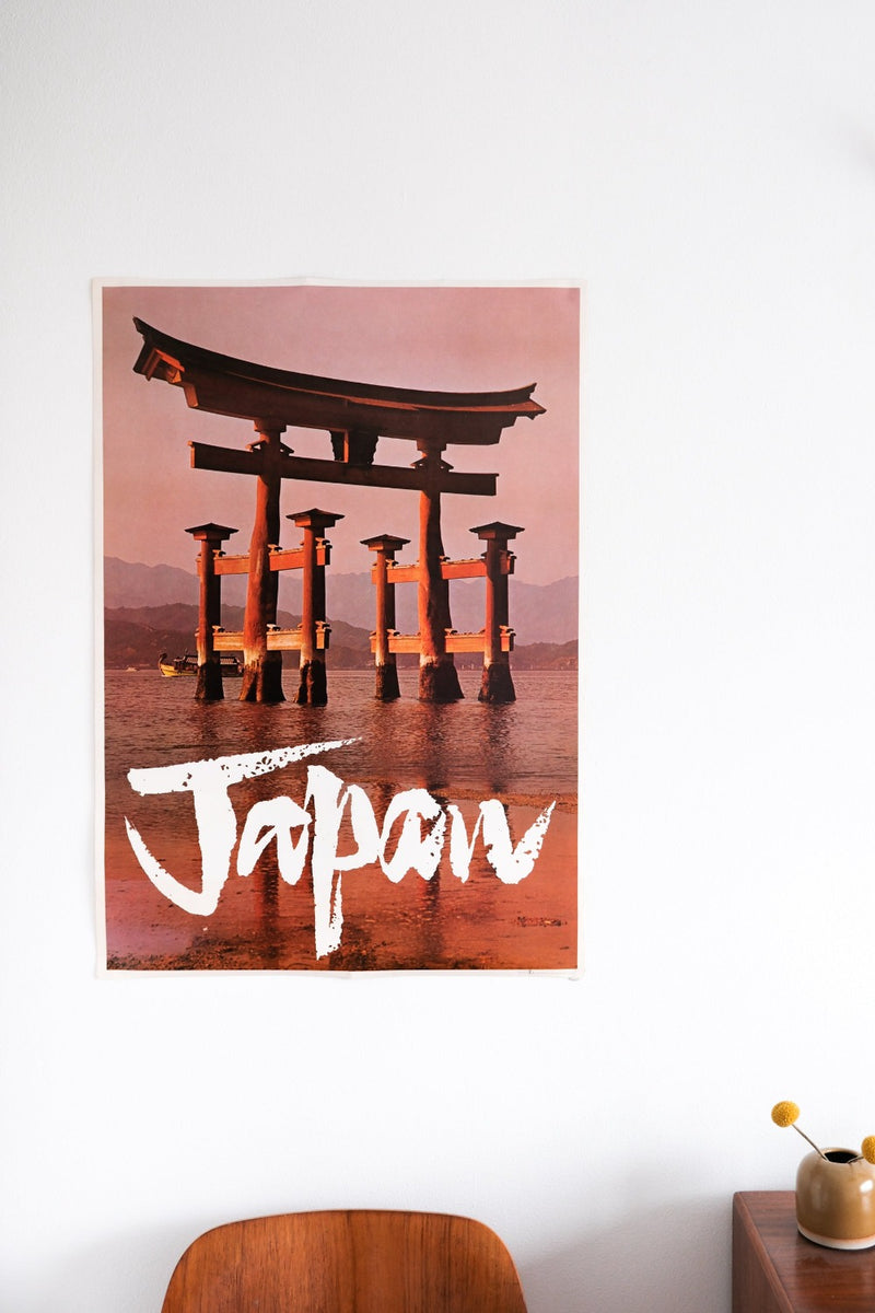 1960s mid-century Japan Travel poster displayed on the wall.